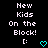 Pixelated text reads 'New Kids On the Block!' with a colon and cyan heart symbol on black background.