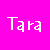 A static image with a bright pink background displaying repeated white starburst shapes and the text 'Tara' in various styles and positions.