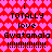 A pixelated image with a red and pink heart-patterned background displays repeated text elements including 'i', 'TOTALLY', 'love', 'Gwatamala', and multiple exclamation marks in black, arranged symmetrically across two mirrored sections.