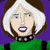 Pixelated character with white hair and purple lips in green top, transitioning to brown hair and red lips in dark top against blue and white backgrounds.