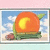 Pixelated peach with green leaf and stem on blue sky background, framed by light border.