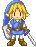 Pixel art character with blonde hair and blue hooded cloak holding two swords, standing against gray background.