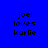 Four display identical pixelated text 'joel loves karlie' on different solid backgrounds: blue, light purple, white, and medium purple