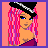 Pixel art character with pink hair, black hat, blue eyes, purple top, red sleeves, white shorts with green clover, and striped green-orange-white legs.