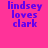 six displays the text 'lindsey loves clark' in purple pixelated font on a bright pink background, with cyan rectangular overlays shifting position