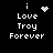 Pixelated white text on black background reads 'i Love Troy Forever' with a heart symbol above the word 'Love', and four variations of this phrase displayed in a