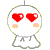 Pixelated white character with red heart eyes, peach cheeks on left frame, pink squares on right frame; yellow dotted border and gray outline.