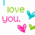 Green 'love' text, pink 'you.' text, and four pixelated hearts in cyan, green, pink, and blue on white background.