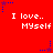 Red background with repeated white text "I love.. Myself" and blue/purple star-like pixel clusters scattered across the image.