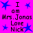 A static image with a bright pink background featuring blue star shapes and black text reading "I am Mrs. Jonas Love Nick" arranged in two vertical