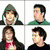 six pixelated character portraits with text overlays, including a hooded figure, a green-shirted man, a woman with red accents, and a man with dark hair