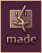 Pixelated icon with brown background, beige square, and stylized figure holding a stick, displaying text 'made' below.
