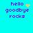 Pixelated text 'hello goodbye rocks' in purple on cyan background with yellow heart and starburst animations.
