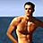 Pixelated image of a shirtless man with dark hair standing against water and sky, split into four quadrants with text on two pink sections.