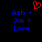 Red pixelated heart symbol above blue text reading 'Ash + Jim = Love' on black background.