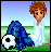 Pixelated cartoon character in light blue outfit holding soccer ball on grassy field with text "Soccer Man" on black background.