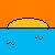 Pixelated static icon showing a yellow crescent-shaped object floating on blue water against an orange sky background with small dark pixel clusters representing ripples.