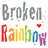 A static image displays 'Broken Rainbow' text in two with pixelated rainbow-colored letters and gray outlines, featuring small colored dots above each letter