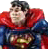 Pixelated figure in red and blue costume with yellow emblem on chest, dark hair, neutral expression against gray background.