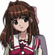 Anime-style girl with brown hair and pink bow, wearing red-and-white sailor uniform with white collar and dark red tie.