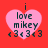 Four identical pixelated heart-shaped icons with pink fill and dark text on a red background, each displaying "i love mikey" followed by three heart symbols.