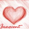 Four red heart shapes on a light pink background with red cursive text reading "Innocent" in each quadrant.