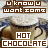 Animated contact sheet of six frames showing a hot chocolate cup with changing text overlays in brown and white pixelated fonts.