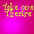 Yellow pixelated text 'Take one theatre' on a pink gradient background with subtle light effects.