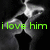Pixelated grayscale image of a person's face with green text reading 'i love him' overlaid on a black background.