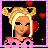 Pixelated icon of a figure with blonde hair styled in large side buns, wearing dark eye makeup and red cheek accents against a pink border.