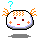 Pixelated character with white face, orange hair, red eyes, and red mouth; cyan question mark above head; gray background; shadow below.