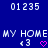 Blue background displays white pixelated text '01235' at top, 'MY HOME' below, and '43' with pink heart symbols at bottom.