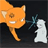 Pixelated orange cat with white muzzle and tail tip stands left of a pixelated white ghost-like figure against dark background.