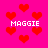 Pixelated red hearts float on a bright pink background with repeated white text reading MAGGIE.