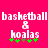 Pixelated text 'basketball & koalas' on bright pink background with green and brown symbols below.