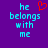 Pixelated text on purple background with red heart symbol above 'he belongs with me' in cyan letters.