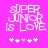 Pixelated text 'SUPER JUNIOR IS LOVE' on bright pink background with white and light purple hashtag symbols below.
