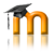A pixelated orange 'm' with a black graduation cap on its left stem, set against a light gray background with reflection.
