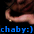 Pixelated image of a person's arm and shoulder with blue text reading 'chaby:)' at the bottom against black background.