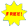 Four yellow starburst shapes with red 'FREE!' text on gray background, each with blue outline and pixelated edges.