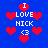 Blue background with red pixelated hearts and white text reading "I LOVE NICK <3" in multiple arrangements.