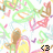Pixelated abstract composition with pastel green, pink, yellow, and brown shapes on white background; small black-and-white pixel art symbol in bottom-right corner.