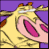 Pixelated character with yellow fur, brown ears, and a pink mouth holding a golden object against a purple background.