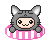 Pixel art character in gray cat costume with pink-and-white striped float, showing multiple facial expressions including winking and smiling.