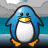 Pixelated blue penguin with yellow beak and feet stands above a brown wolf-like creature in three sequential poses.
