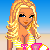 Pixelated beach scene with a blonde woman in striped bikini holding pink-and-white flower, standing on sand under blue sky.
