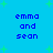 Blue background with green star shapes and repeated blue text reading 'emma and sean' in pixelated font.