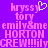 Pixelated text in pink on purple background with a heart symbol above 'kryssy' and repeated phrases including 'emily&me', 'HORTON', and 'CREW!!!'.