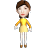 Pixelated character with brown hair, yellow dress, white gloves, and white pants against gray background.
