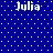 Blue background with white dots and four instances of the name "Julia" in pixelated text arranged in a pattern